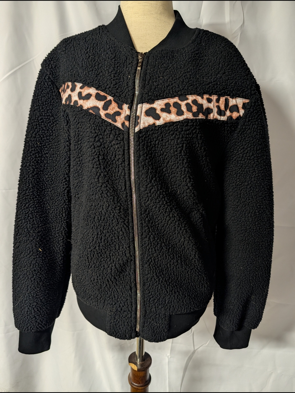 Zyia Black Sherpa Bomber Jacket with Leopard Accent